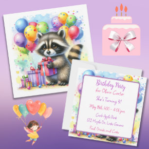 Invitación Cute Watercolor Personalizado Raccoon Cumpleaños