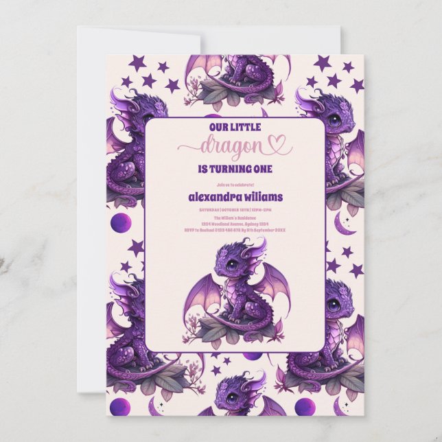 Invitación Cute Watercolor Púrpura Dragón Primer Cumpleaños (Anverso)