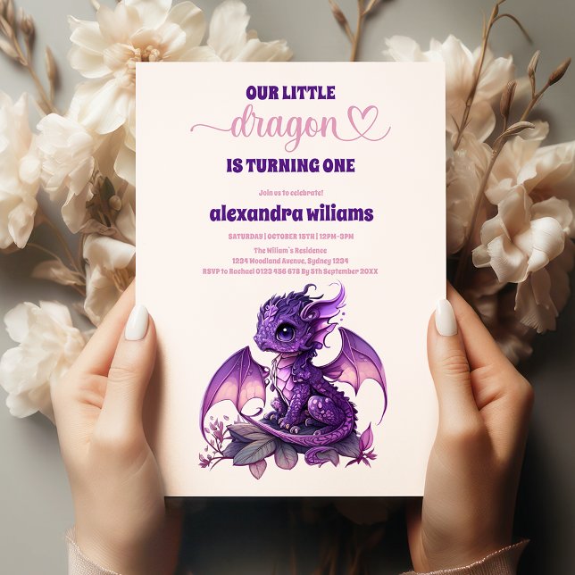 Invitación Cute Watercolor Púrpura Dragón Primer Cumpleaños (Subido por el creador)