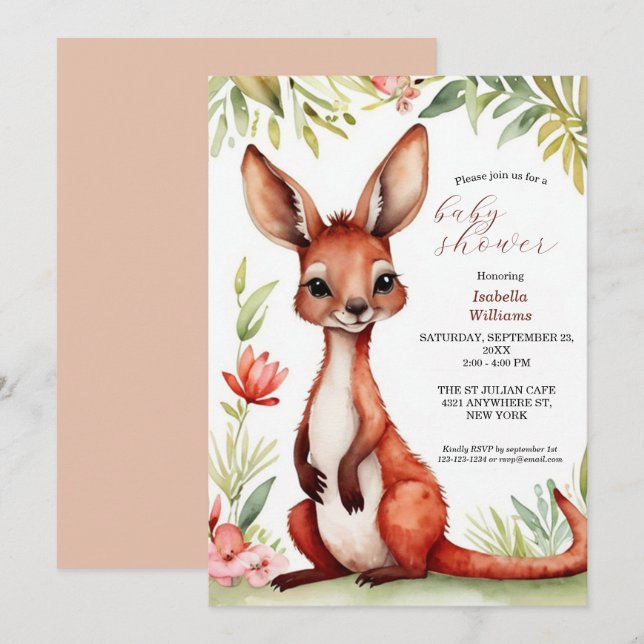 Invitación Cute Watercolor Red Kangaroo Baby Shower (Anverso / Reverso)
