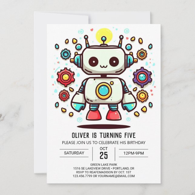 Invitación Cute Watercolor Robot Online Cumpleaños (Anverso)