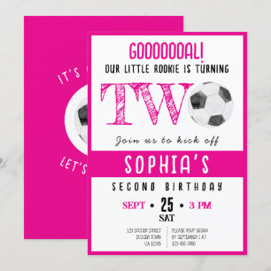 Invitación Cute Watercolor Rookie Soccer Rosa Segundo Cumplea