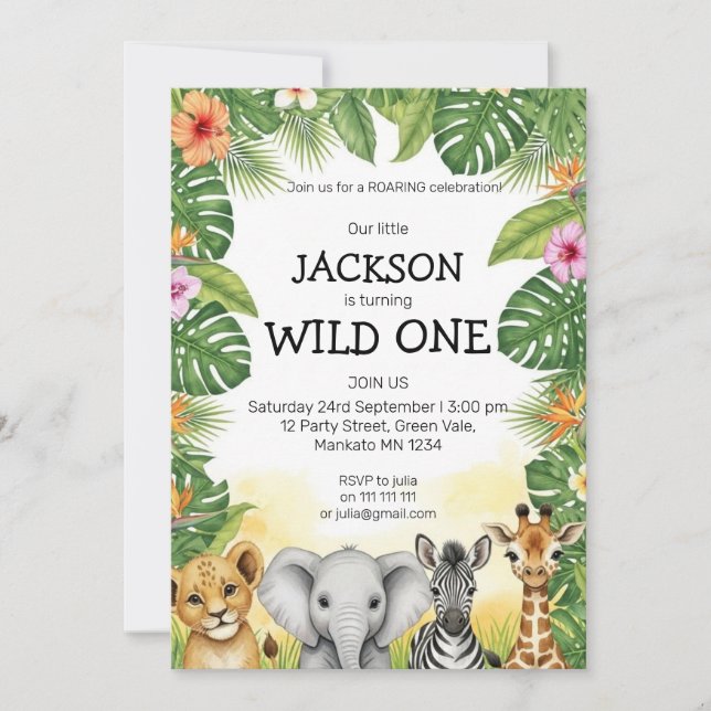 Invitación Cute Watercolor Safari Wild One Birthday (Anverso)