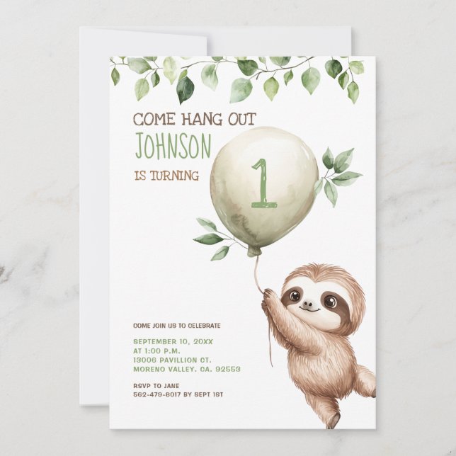 Invitación Cute Watercolor Sloth Kids Birthday Party  (Anverso)