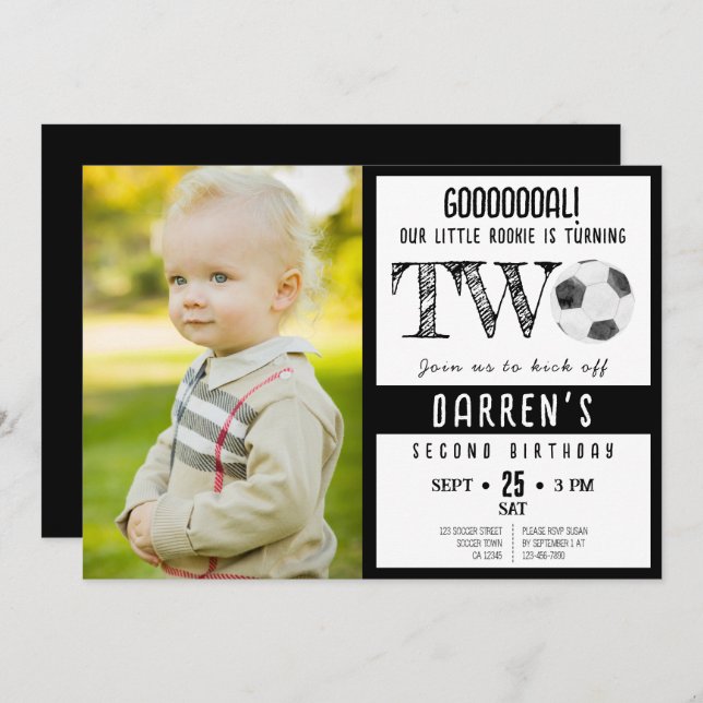 Invitación Cute Watercolor Soccer Photo Black 2º cumpleaños (Anverso / Reverso)