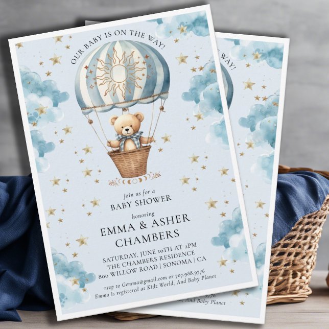 Invitación Cute Watercolor Teddy Bear Ballon Blue Baby Shower (Subido por el creador)