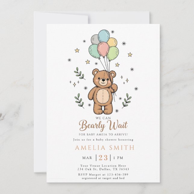 Invitación Cute Watercolor Teddy bear Illustration babyshower (Anverso)