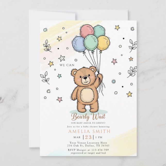 Invitación Cute Watercolor Teddy bear Illustration babyshower (Anverso)