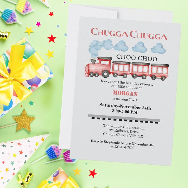Invitación Cute Watercolor Tren rojo segundo cumpleaños (Subido por el creador)
