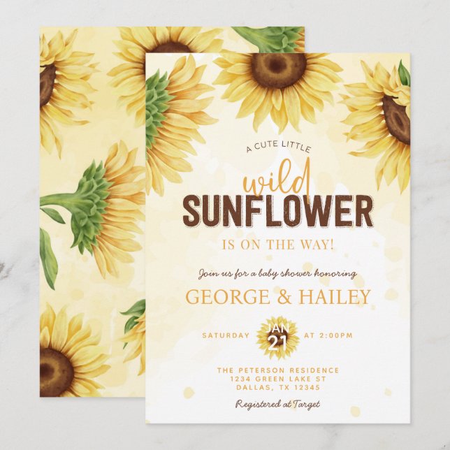 Invitación Cute Watercolor Wild Sunflower Baby Shower (Anverso / Reverso)
