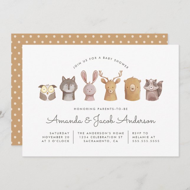 Invitación Cute Watercolor Woodland Animals Baby Shower (Anverso / Reverso)