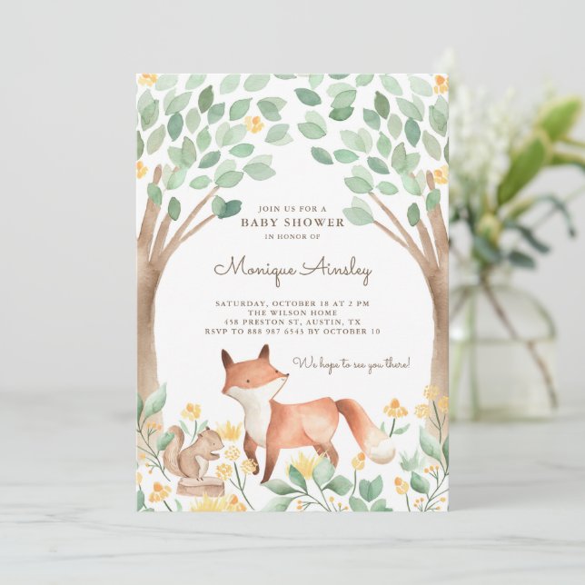 Invitación Cute Watercolor Woodland Fox Baby Shower (Anverso de pie)