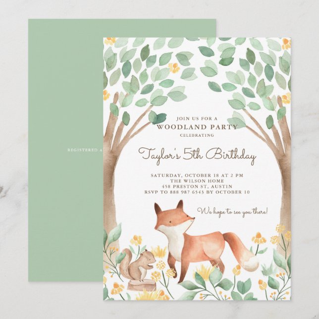 Invitación Cute Watercolor Woodland Fox Kids Fiesta de cumple (Anverso / Reverso)