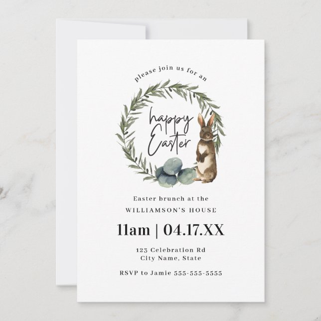 Invitación Cute Watercolor Wreath Bunny Easter Brunch (Anverso)