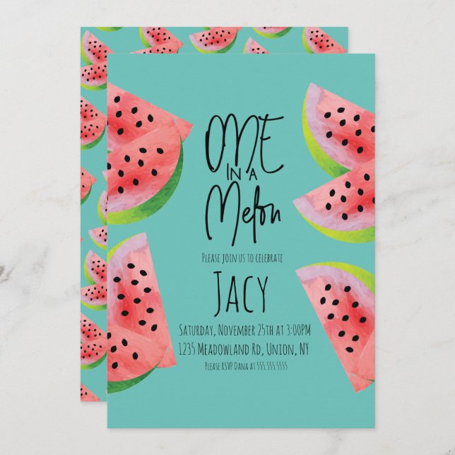 Invitación Cute Watermelon Birday Watercolor Verano Fiesta I (Anverso / Reverso)