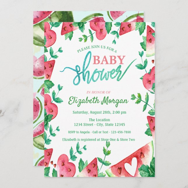 Invitación Cute Watermelon Heart Baby Shower (Anverso / Reverso)