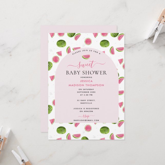 Invitación Cute Watermelon Summer Chica rosa Baby Shower (Anverso/Reverso In Situ)