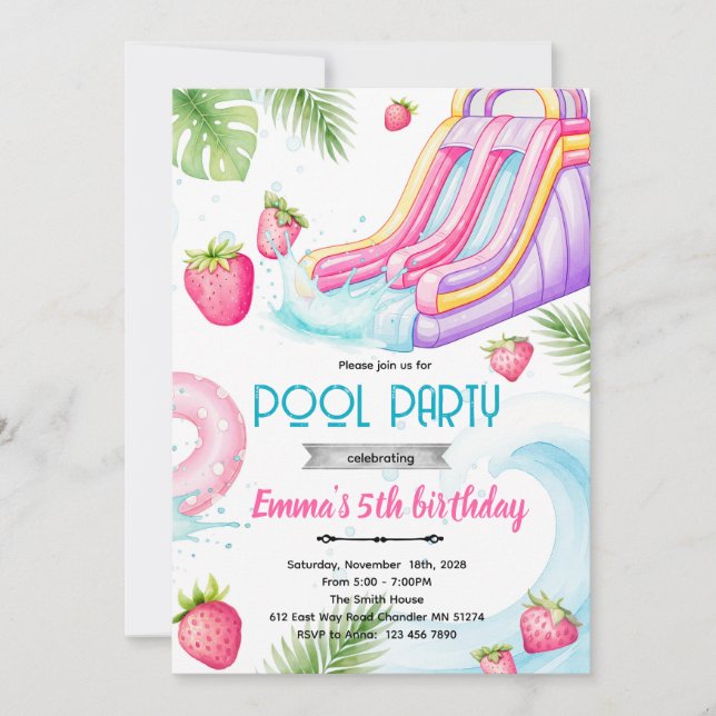 Invitación Cute waterslide strawberry pool invite (Anverso)