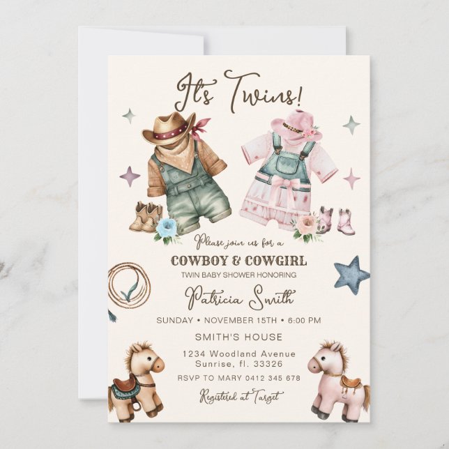 Invitación Cute Western Cowgirl y Cowboy Twin Baby Shower (Anverso)