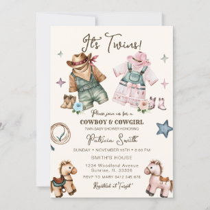 Invitación Cute Western Cowgirl y Cowboy Twin Baby Shower