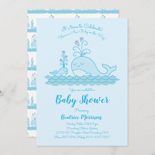 Invitación Cute Whale Baby Shower Océano género Neutral Azul (Anverso / Reverso)