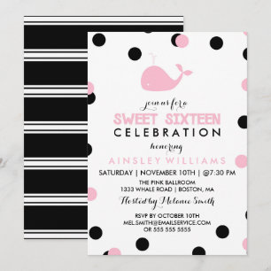 Invitación Cute Whale   Dulce negro y rosa dieciséis Fiestas