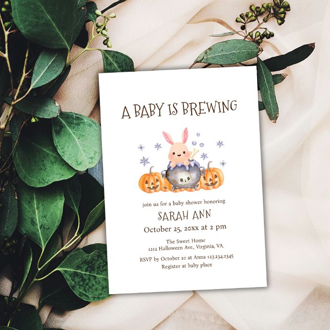 Invitación Cute Whimsical Bunny Brewing Haloween Baby Shower (Cute Whimsical Bunny Brewing Haloween Baby Shower Invitation)