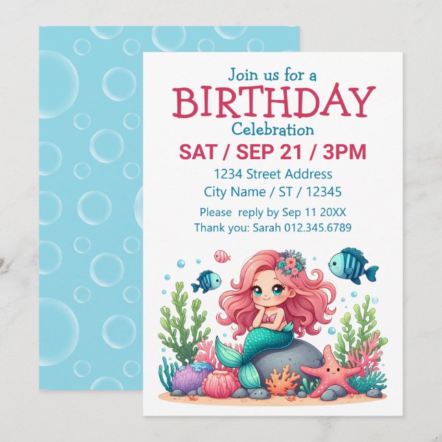 Invitación Cute Whimsical De La Sirenita Y Amigos Del Pescado (Anverso / Reverso)