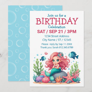 Invitación Cute Whimsical De La Sirenita Y Amigos Del Pescado