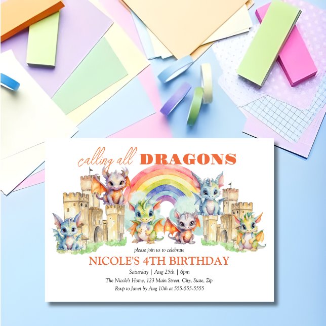 Invitación Cute Whimsical Dragons Castle Rainbow Birday (Subido por el creador)