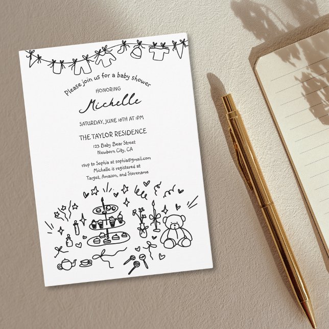 Invitación Cute Whimsical Hand Drake Doodle Baby Shower (Cute Whimsical Hand Drawn Doodle Baby Shower Invitation)