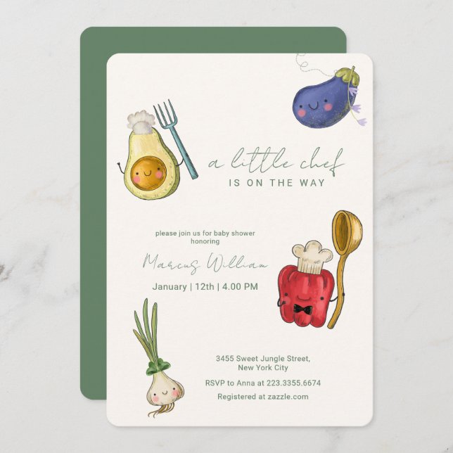 Invitación Cute Whimsical Little Chef Vegetables Baby Shower (Anverso / Reverso)