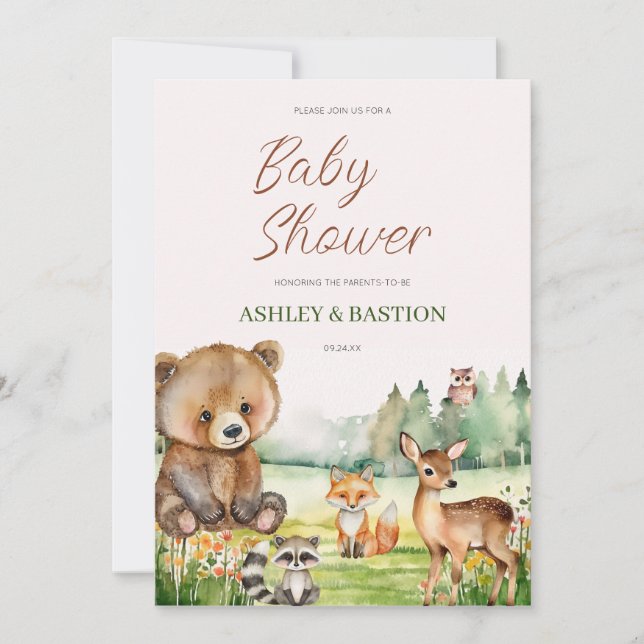 Invitación Cute Whimsical Neutral Woodland Animal Baby Shower (Anverso)