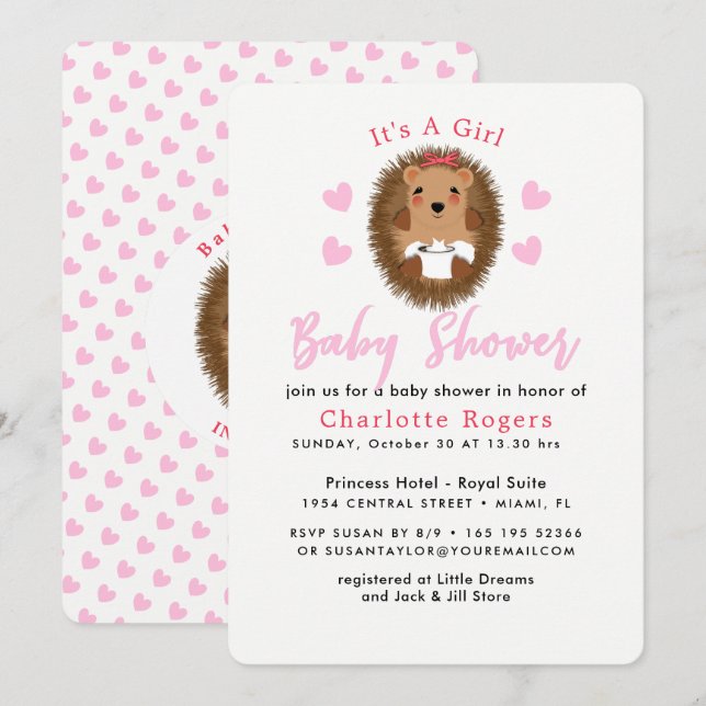 Invitación Cute Whimsy Hedgehog Pink Heart Baby Shower (Anverso / Reverso)