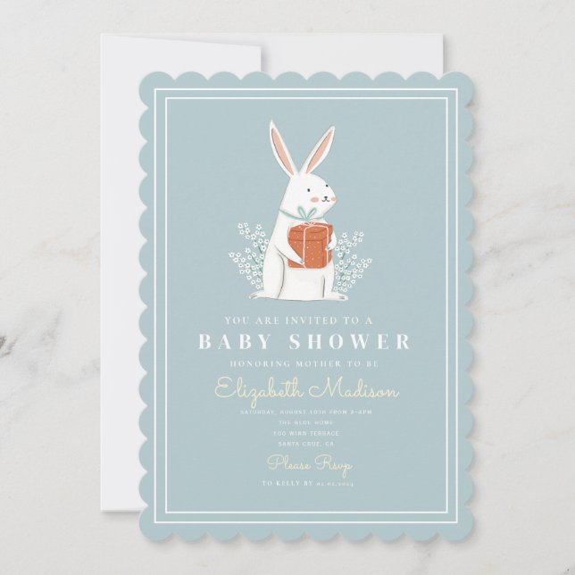 Invitación Cute White Bunny Blue Baby Shower (Anverso)
