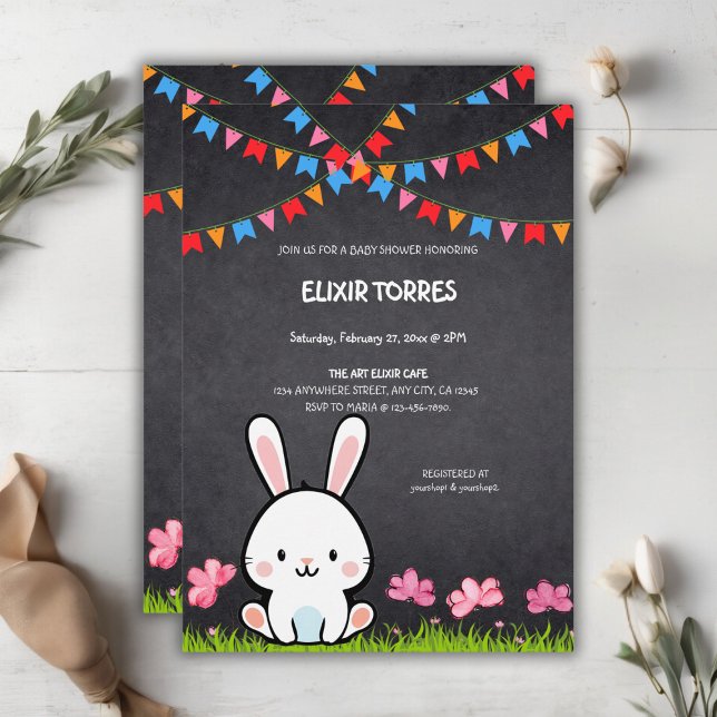 Invitación Cute White Chalkboard Bunny Baby Shower (Subido por el creador)
