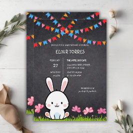 Invitación Cute White Chalkboard Bunny Baby Shower