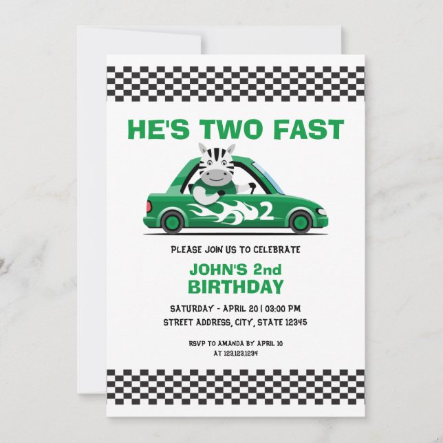 Invitación Cute White & Green Race Car Dos Rápido Segundo Cum (Anverso)