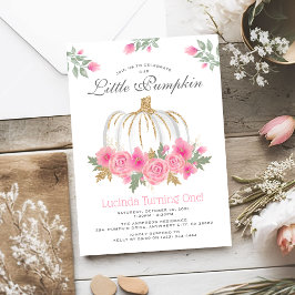 Invitación Cute White Pumpkin Floral Primer cumpleaños Invita