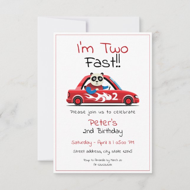 Invitación Cute White Race Car Panda Dos Rápidos Cumpleaños (Anverso)