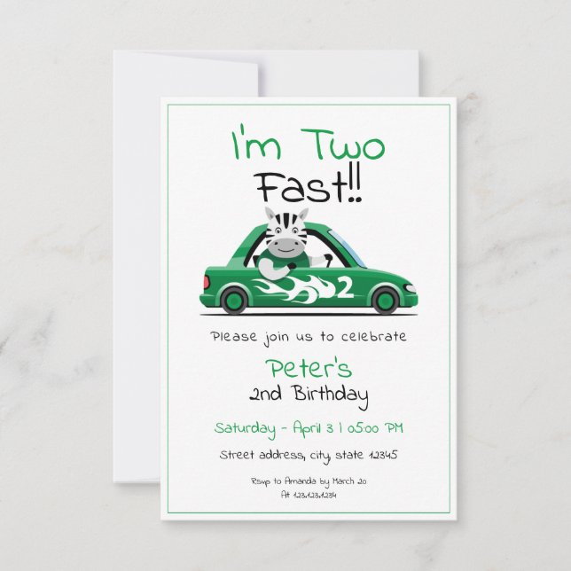 Invitación Cute White Race Car Zebra Dos Rápidos Cumpleaños (Anverso)