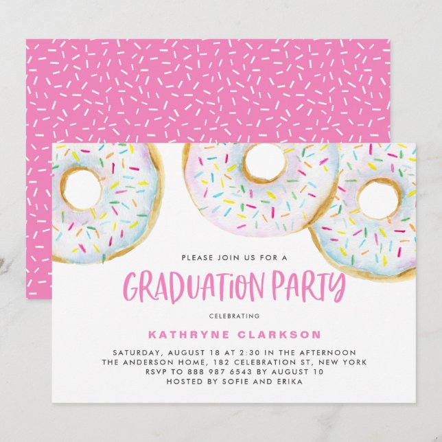 Invitación Cute White Watercolor Donuts Graduation Party (Anverso / Reverso)