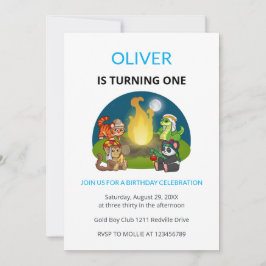 Invitación Cute Wild Animals Campfire Kids First Birthday