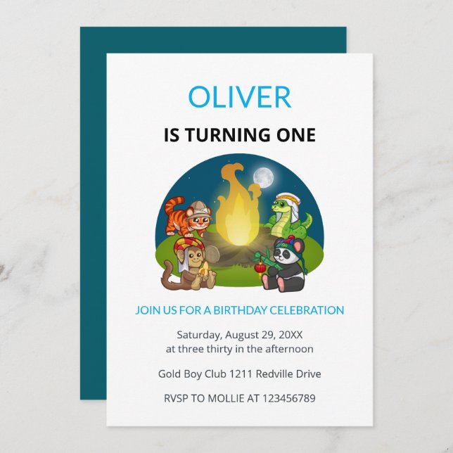 Invitación Cute Wild Animals Campfire Kids First Birthday (Anverso / Reverso)