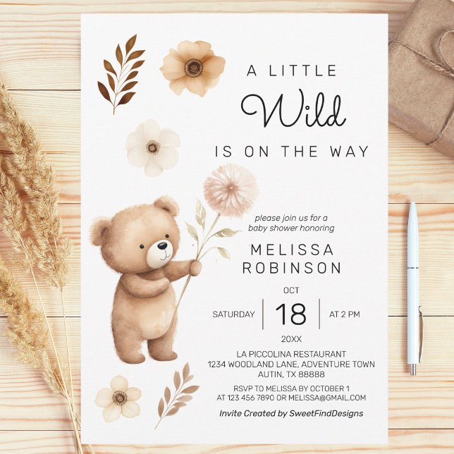 Invitación Cute Wild Bear Boho Flores Baby Boy Shower (Cute Wild Bear Boho Flowers Baby Boy Shower Invitation)