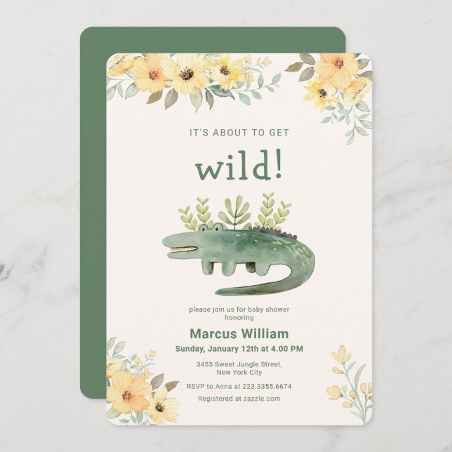 Invitación Cute Wild Botanical Safari Crocodile Baby Shower (Anverso / Reverso)