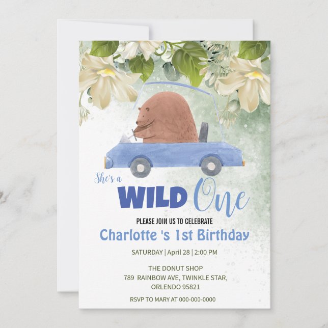 Invitación Cute Wild One Bear Animals Car fiesta de cumpleaño (Anverso)