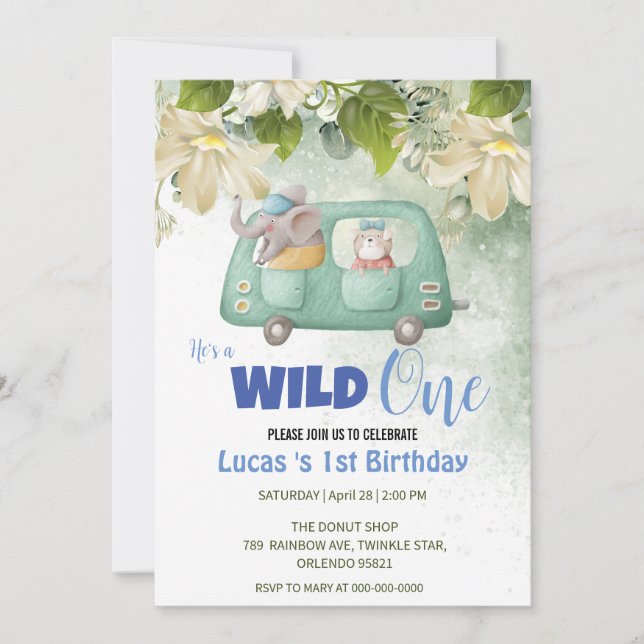 Invitación Cute Wild One Elephant Car fiesta de cumpleaños (Anverso)