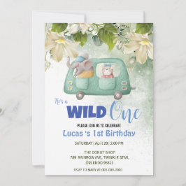 Invitación Cute Wild One Elephant Car fiesta de cumpleaños