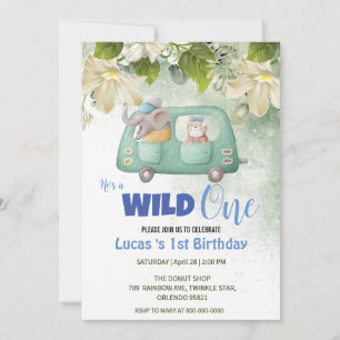 Invitación Cute Wild One Elephant Car fiesta de cumpleaños